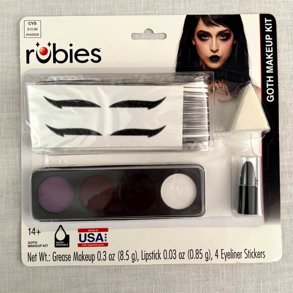 Rubies Goth Makeup Kit Grease Makeup Black Lipstick -Eyeliner Stickers - Picture 2 of 8